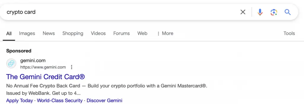 Crypto Card Search Ad