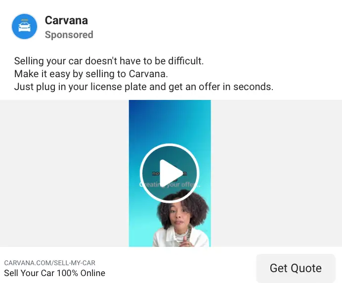 Facebook Ad Video Carvana.com Sell your car