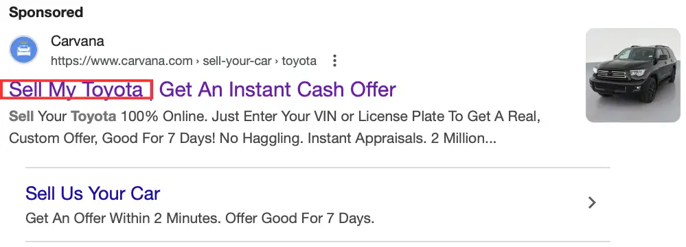 Search Ad for Car Dealerships buying Toyota