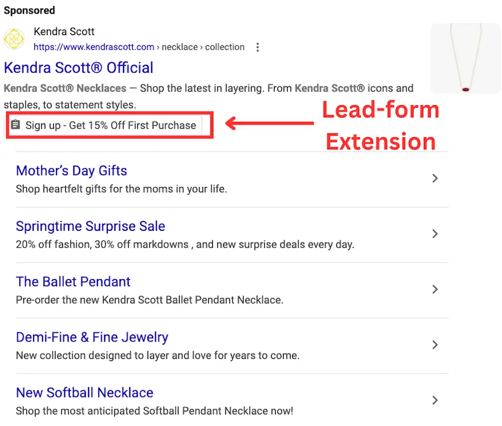 Lead form Extension for Jewelry Google Ad