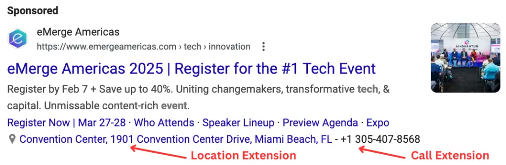 Search Ad with Location & Call Extensions for Event