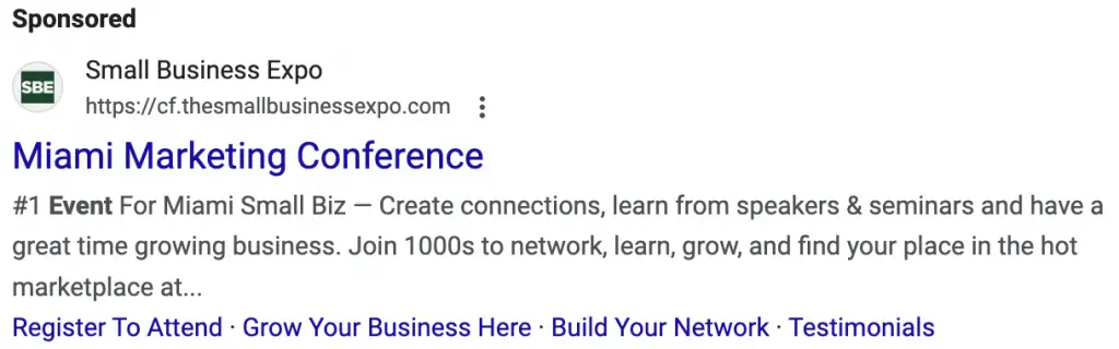 Search Ad promoting an event