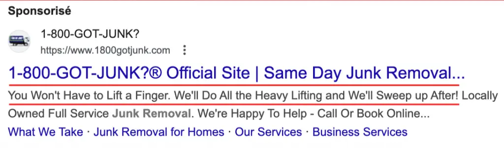 Ad description highlighting the simplicity of the process and the relief from a tedious junk removal task
