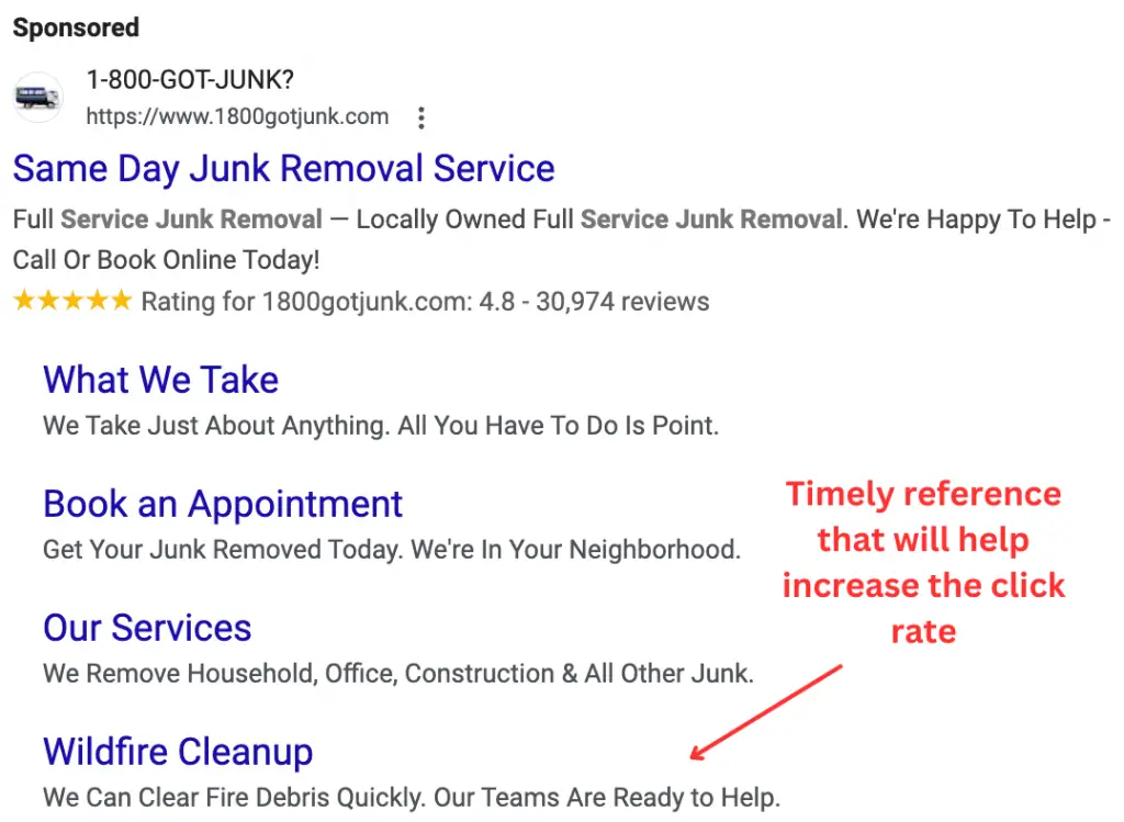 Junk removal business referencing the recent Los Angeles wildfires to connect with the community Search Ad